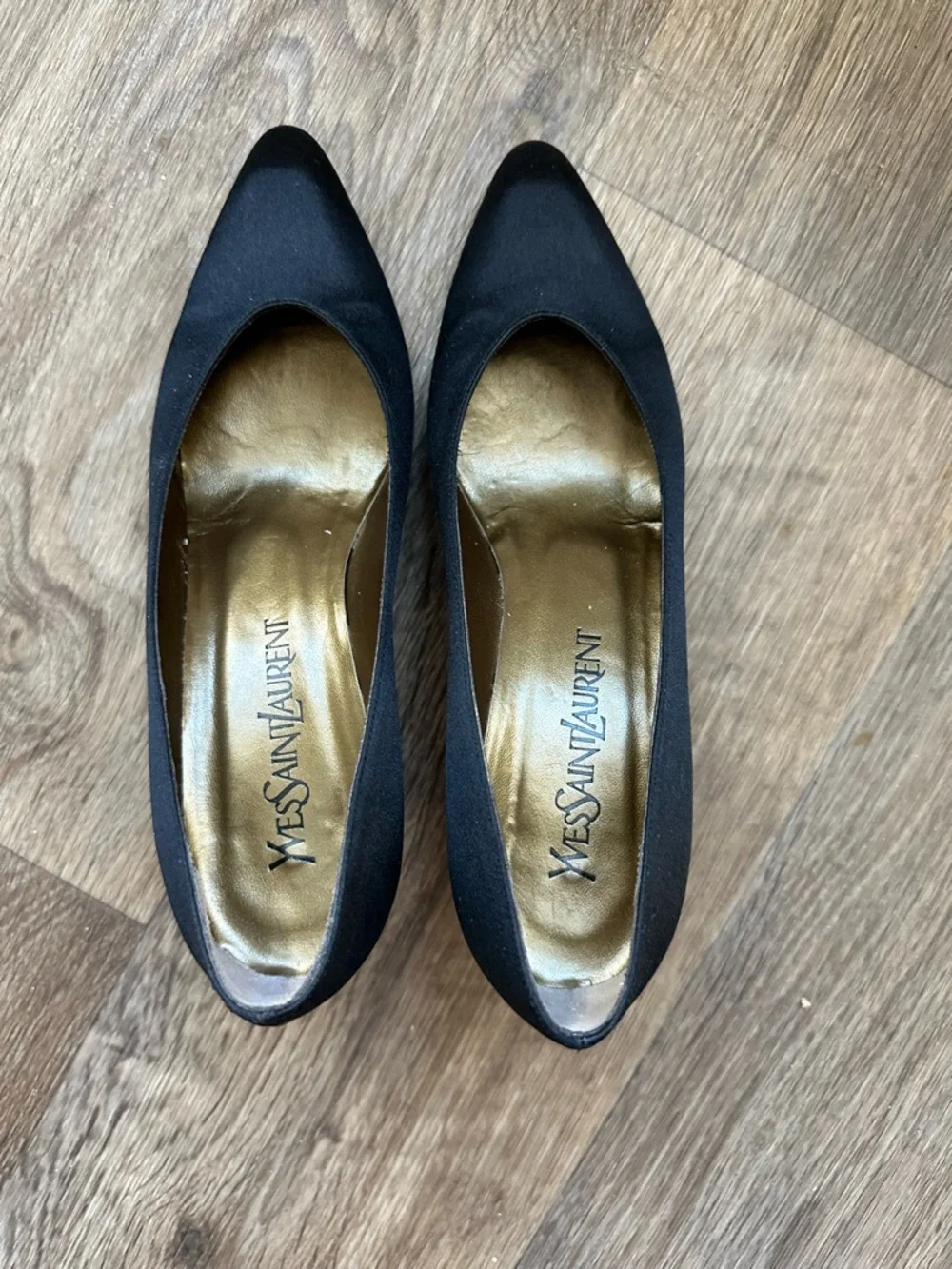 Yves Saint Laurent Vintage Satin Pumps Black Gold Leather Interior Size 7N - Picture 8 of 12